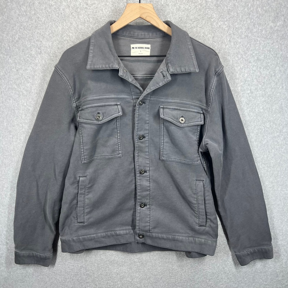 The Normal Brand Canvas Trucker Jacket Mens L Gray Button Up Workwear Coat Read